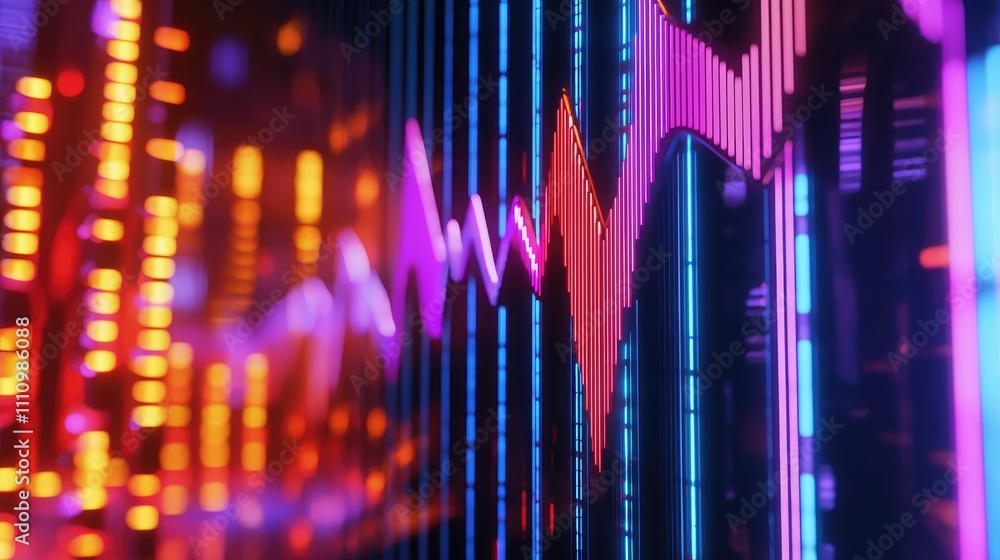 Poster colorful abstract digital visualization of data trends with vibrant neon lights and graph lines repr