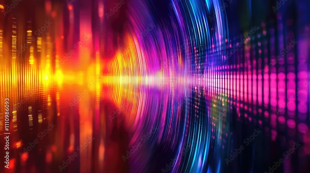 Poster colorful abstract waveforms and sound patterns reflected in a vibrant digital landscape, creating a 
