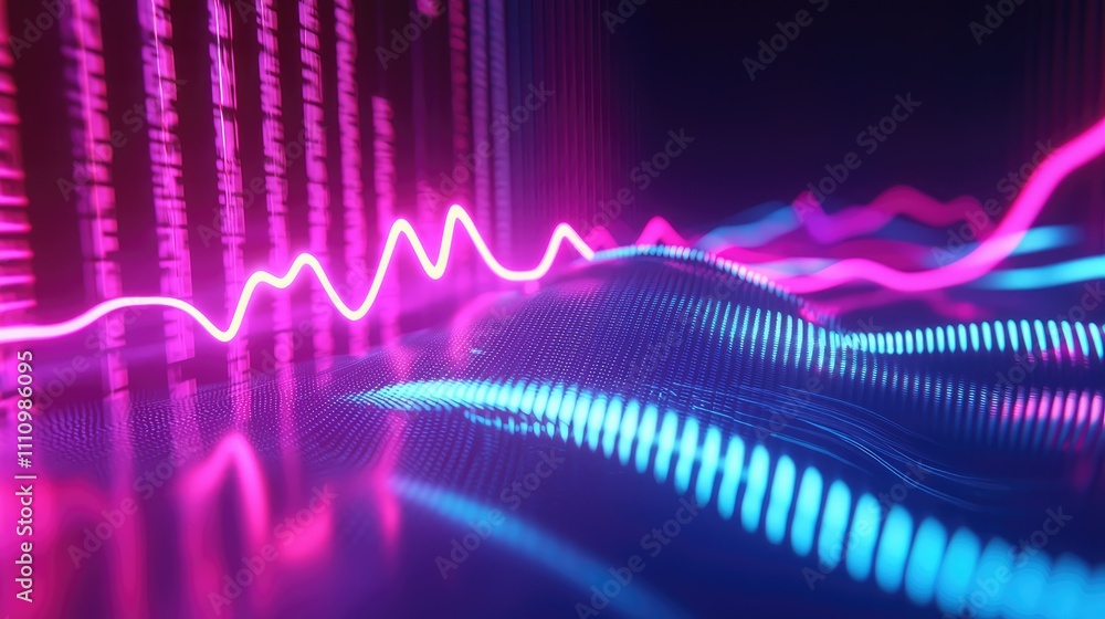 Poster abstract neon wave patterns with vibrant pink and blue colors creating a digital landscape that illu