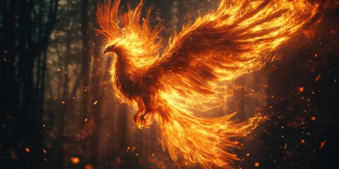 Majestic phoenix rising from the flames in a mystical forest during twilight hours, embodying rebirth and transformation in a captivating display of fire