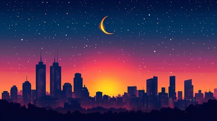 A Flat Vector Illustration of a City Skyline at Night with Illuminated Buildings

