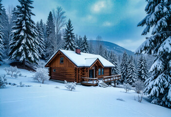 A charming wooden cabin nestled in a scenic snowy forest, exemplifying winter's serene beauty and tranquility.