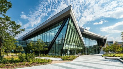 Obraz premium Modern Architectural Marvel with Glass Facade and Angular Design Surrounded by Lush Greenery and Dramatic Cloudy Sky