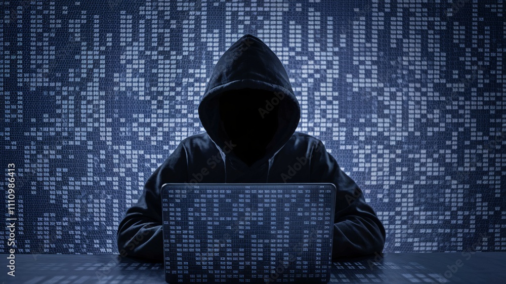 Poster cybersecurity threat: anonymous hacker working on laptop