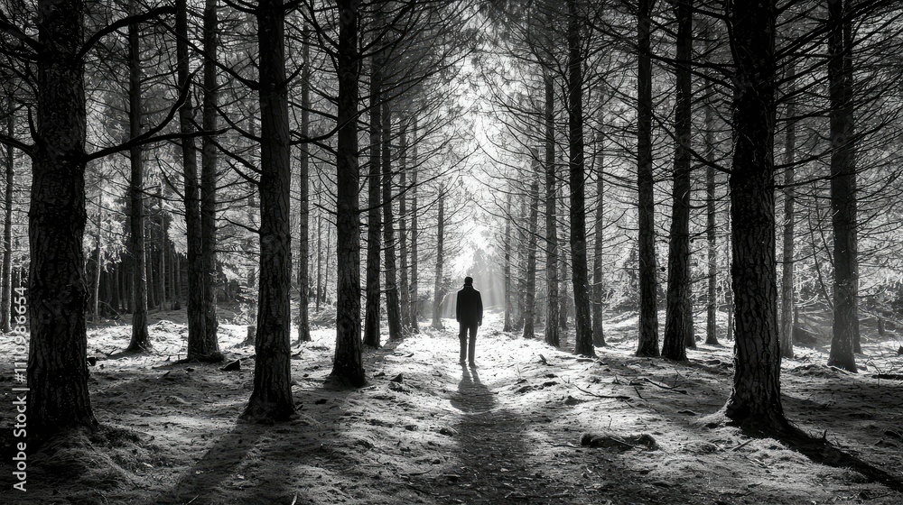 Poster Solitary Figure Walking Through a Mysterious Black and White Forest Surrounded by Tall Trees with Soft Light Streaming Through the Canopy, Evoking Calmness and Enigma