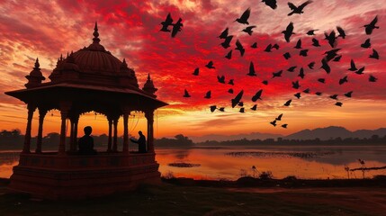 Fototapeta premium serene sunset over Indian temple, with birds flying across vibrant sky. tranquil scene captures beauty of nature and architecture harmoniously