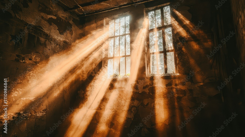 Poster Sunlight Streaming Through Dusty Windows in an Abandoned Room Creating a Magical Atmosphere with Warm Tones and Textured Walls