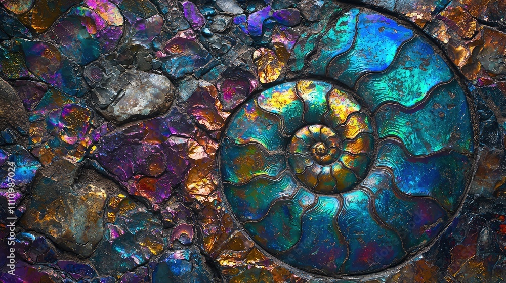 Poster vibrant ammonite fossil artwork with iridescent colors on textured surface for nature and science th
