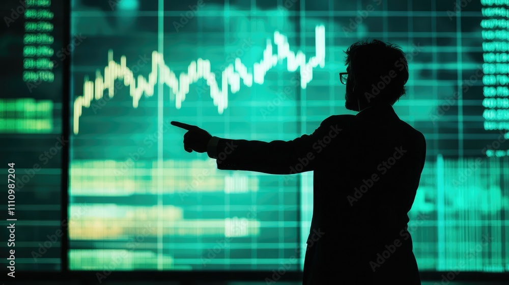 Poster business professional analyzing financial data while pointing at a digital graph display, symbolizin