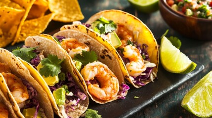 Photo of, A delightful plate of shrimp tacos with cabbage slaw and avocado salsa, Tacos arranged neatly with lime wedges on the side