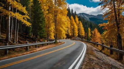Obraz premium Mountain road lined with trees showing autumn colors under bright sk