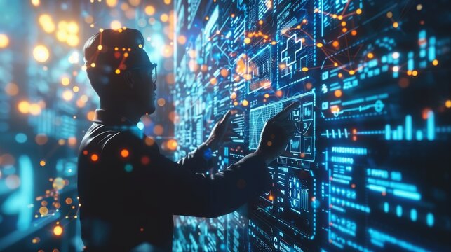 Ai Businessman working with modern interface Business analytics Big data technology and data science. Data flow concept.Business computing digital composite.