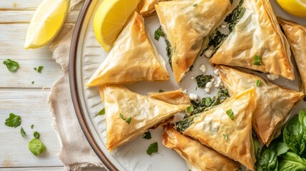 Photo of, A delightful plate of spanakopita triangles filled with spinach and feta cheese, Spanakopita arranged on a serving platter