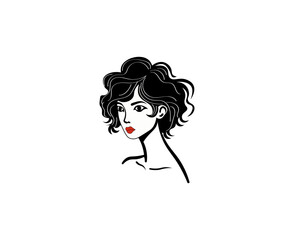 Vector illustration of black and white silhouette of a girl's face with curls and red lips	
