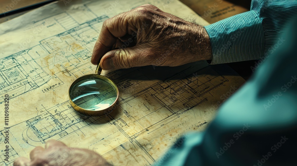 Poster close-up view of a person examining architectural blueprints with a magnifying glass, showcasing det