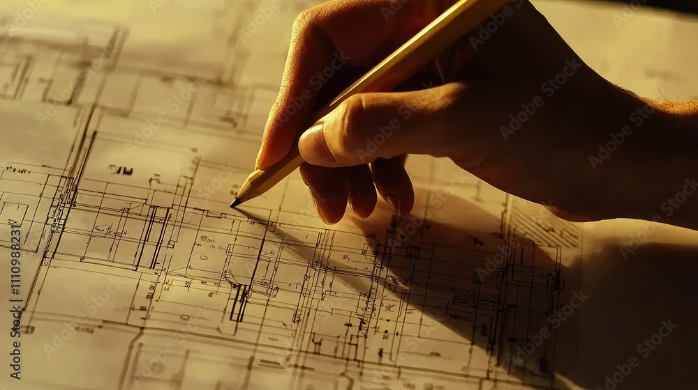 Poster hand holding pencil sketching technical blueprint on paper with intricate lines and measurements, il
