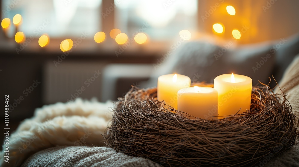 Poster serene candle display in a cozy nest for a warm and inviting atmosphere in a bright room with a soft