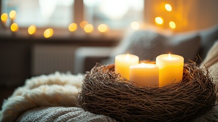 Serene Candle Display in a Cozy Nest for a Warm and Inviting Atmosphere in a Bright Room with a Soft Blanket and Twinkling Lights
