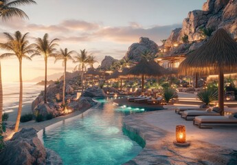 Breathtaking Sunset Views Over a Luxurious Resort by the Ocean with Palm Trees, Pools, and Idyllic Rock Formations in a Tropical Paradise