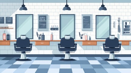 A modern barber shop interior featuring three styling stations and various grooming tools.
