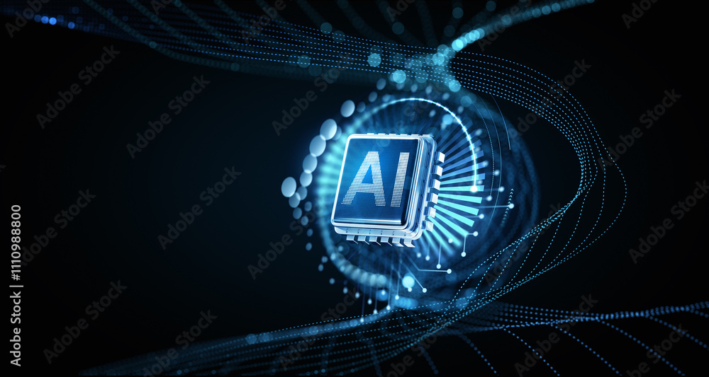 Poster futuristic glowing ai chip with data flow on dark background. 3d rendering