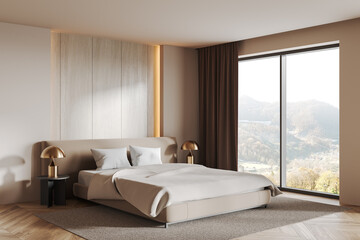 Modern minimalistic bedroom with beige tones and large window overlooking scenic landscape. 3D Rendering