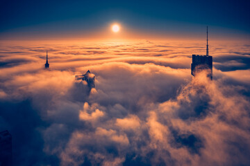 Beautiful panoramic fabulous, mesmerizing, unreal, aerial drone view of skyscrapers sticking out of...