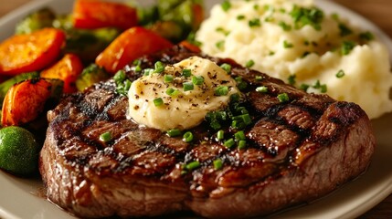 Photo of, A juicy grilled steak topped with garlic herb butter, served with roasted vegetables and mashed potatoes