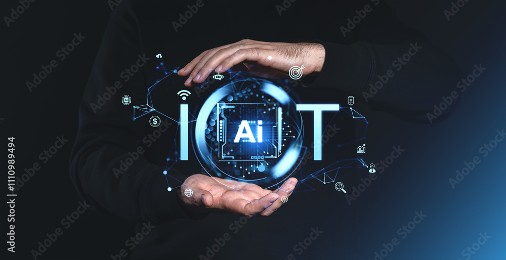 Poster holographic iot and ai technology concept with hands surrounding futuristic interface.