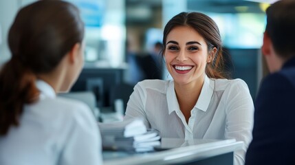 A smiling woman engages in conversation at a business meeting, showcasing professionalism and warmth.