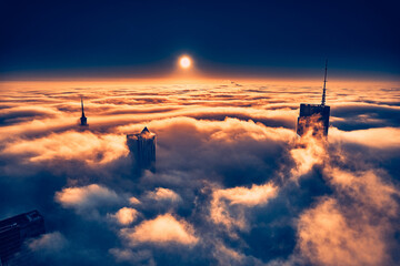 Beautiful panoramic fabulous, mesmerizing, unreal, aerial drone view of skyscrapers sticking out of...