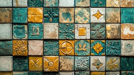 Colorful Vintage Ceramic Tiles in Intricate Patterns and Textures, Perfect for Interior Design, Home Decor, or Artistic Projects in Various Color Schemes and Styles
