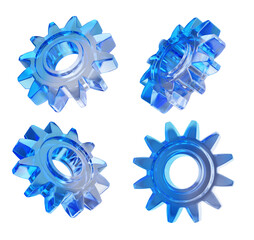 Transparent blue glass gears displayed from various angles on a white background. 3D Rendering