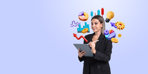 Businesswoman with tablet and colorful business icons on light b