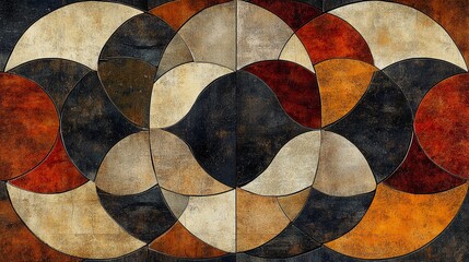 A pattern of interlocking circles and curves in earth tones, creating a harmonious and balanced geometric design suitable for natural-themed projects


