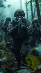 Fototapeta premium a skeleton delta force operator carrying a Mk18 with suppressor, other skeleton operators behind him finding enemies, midnightcore pastel kiragam, tarot card, in amazon forest, they are facing gunfigh