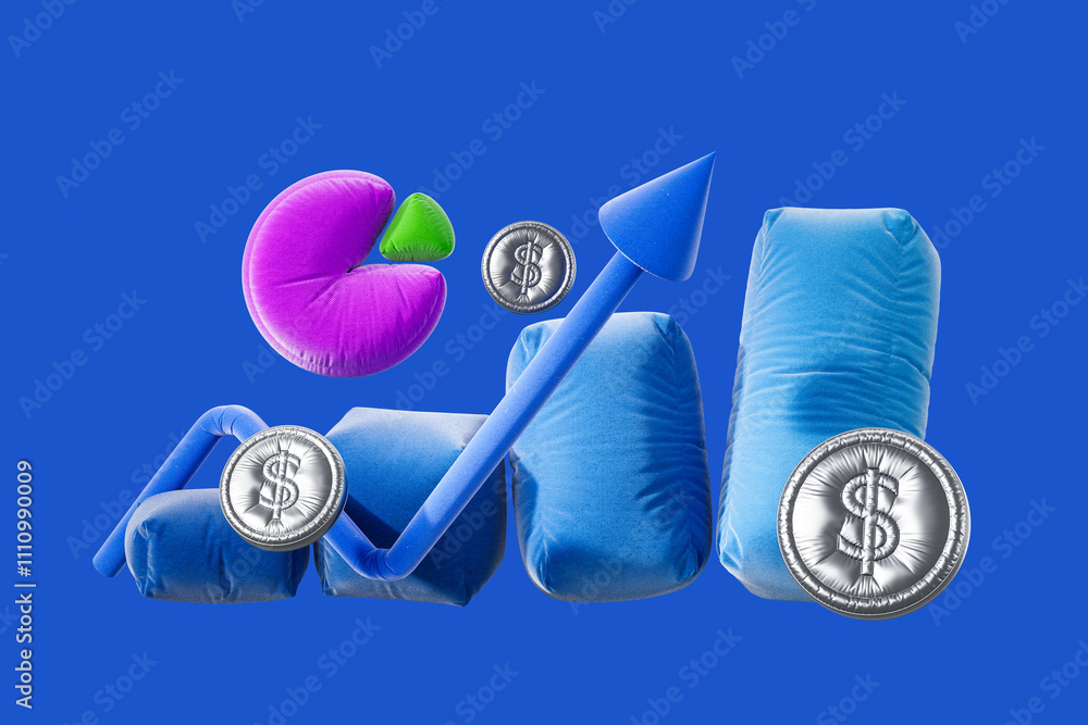 Poster inflatable objects representing financial growth with dollar signs on a blue background. 3d renderin