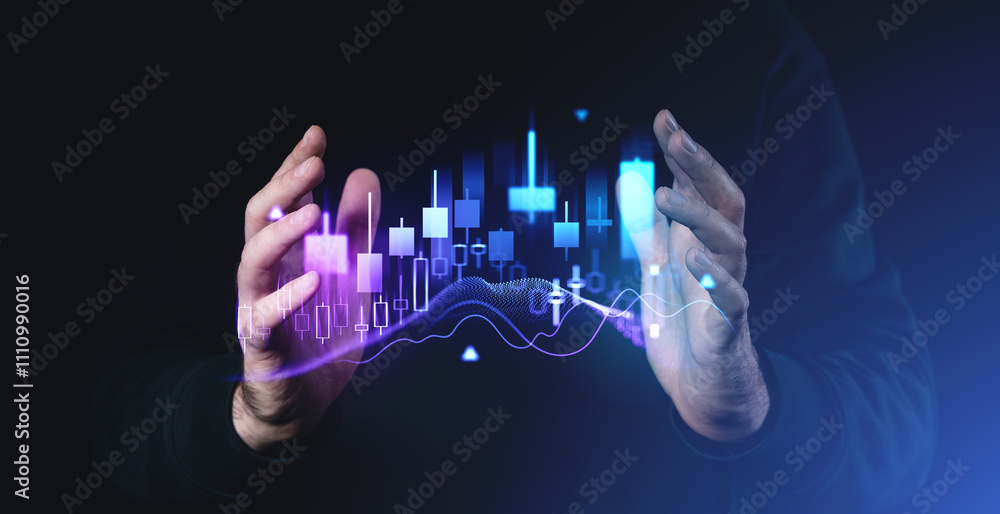 Poster hands surrounding glowing candlestick graph chart on dark background, representing stock market and 
