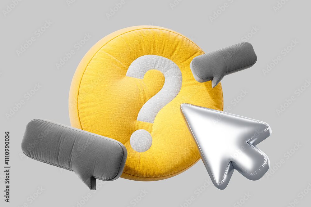 Aufkleber inflatable question mark symbol with speech bubbles and a silver arrow on a light background. 3d ren