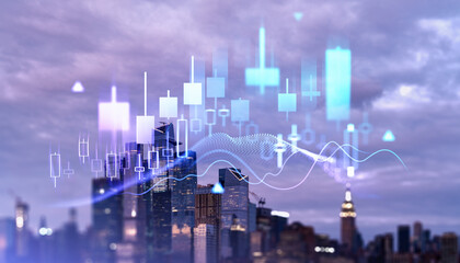 Financial chart overlaying Manhattan skyline with candlesticks and data visualization under a cloudy sky.