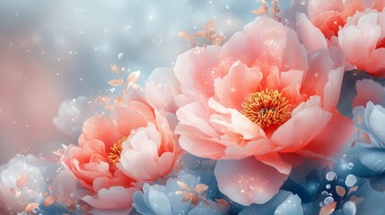 Fantasy peonies with gold and magic elements. Luxurious flowers