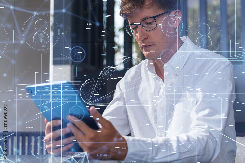 Poster man using tablet with digital cloud and network interface overla