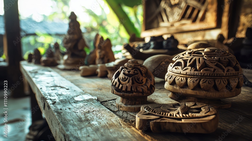Poster exquisite handcrafted wooden artifacts on rustic table illuminated by natural light in a creative wo