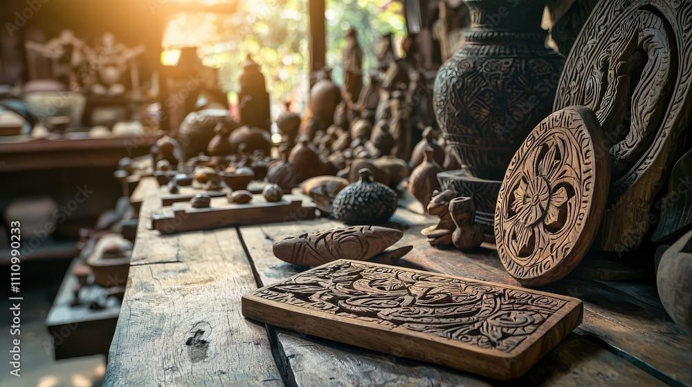 Poster intricate handcrafted wooden artifacts and sculptures displayed on a rustic table surrounded by beau