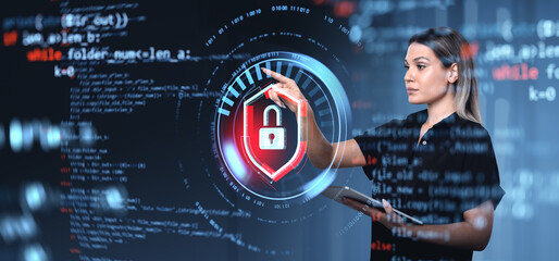Woman interacting with digital lock symbol on futuristic interfa