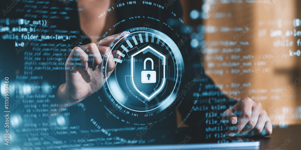 Poster cybersecurity concept with digital padlock and code overlay on screen.