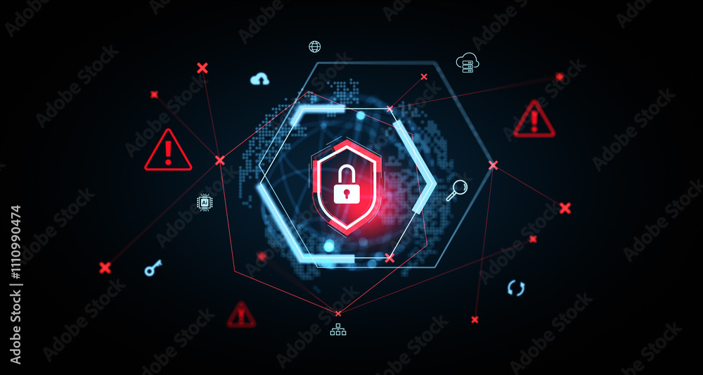 Poster cybersecurity concept illustration with locked shield and warning signs. 3d rendering