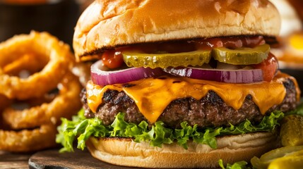 Photo of, A mouthwatering burger loaded with melted cheese, caramelized onions