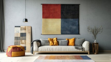 Cozy Modern Living Room with Textured Wall Hanging and Colorful Throw Pillows, Featuring Stylish Sofa, Natural Light and Warm Interior Design Elements