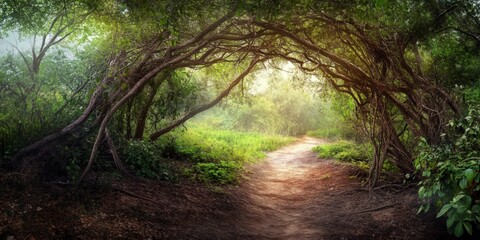 Naklejka premium A Serene Pathway Through an Enchanting Forest, Sunlight Filtering Through Lush Trees, Leading to a Mysterious Hidden Grove